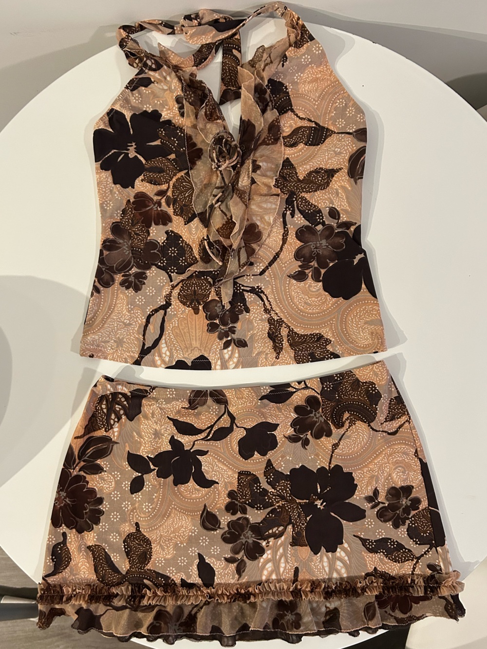 SHAN Y2K Beach Cover Up Set- Floral Mesh Tie Top (Size 8) & Mini Skirt (Size 6)